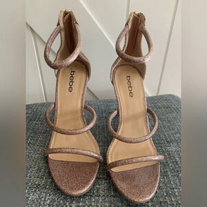 7.5 Bebe Berdine Womens Strappy Textured Dress Sandals, Pink/Rose Gold Glitter